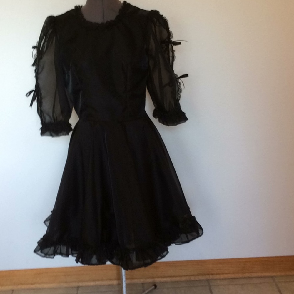 Vintage Black Poly Dress Full Skirt and Ruffle